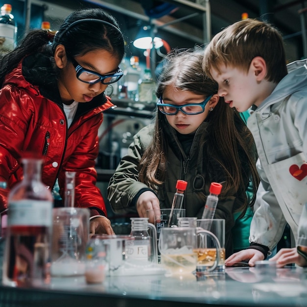 Photo group of children engaged in a fun science experiment