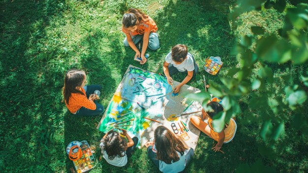 Group of children engaging in creative outdoor painting activity on a sunny day