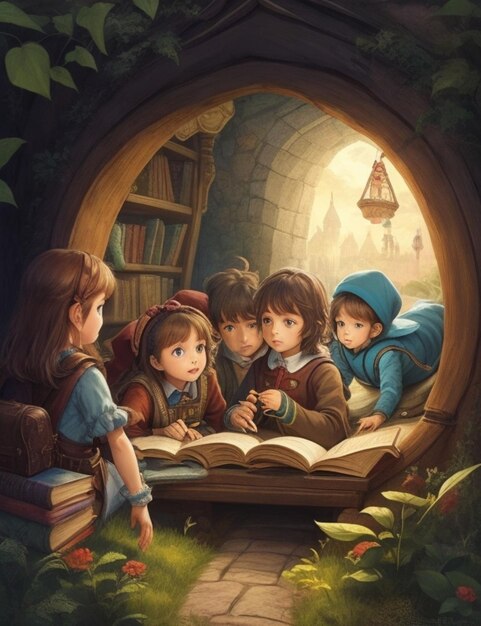 Photo a group of children eyes wide with wonder as they explore a fantastical world of adventure within