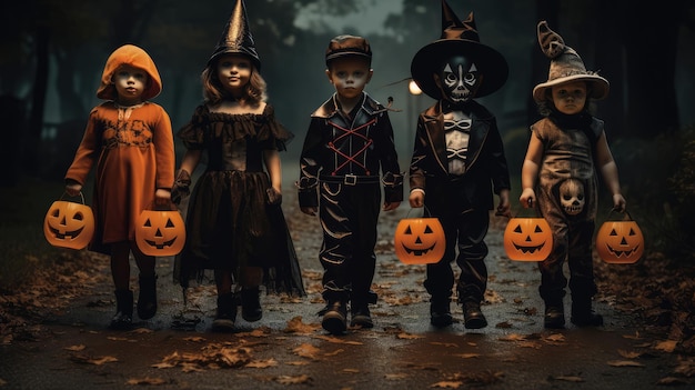 Group of children in Halloween costumes with pumpkins in the forest