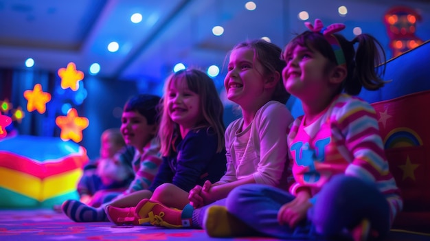 Photo group of children having fun in a neonlit indoor playground smiling and enjoying colorful lights and activities