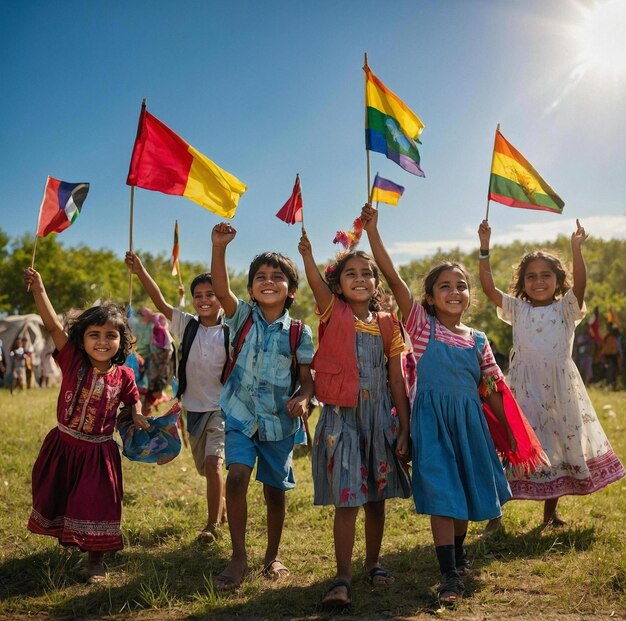 a group of children holding flags and one of them has a rainbow flag in the background