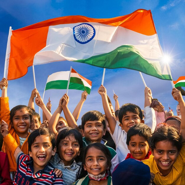 a group of children holding flags that say  india