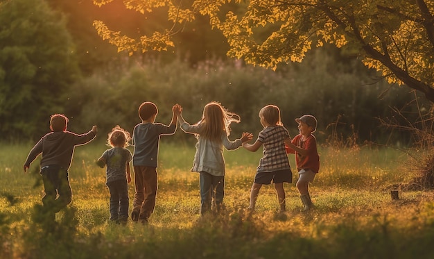 A group of children holding hands, one of which is wearing a shirt that says'we are the world '