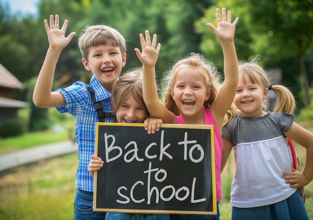 Photo a group of children holding up a chalkboard that says back to school