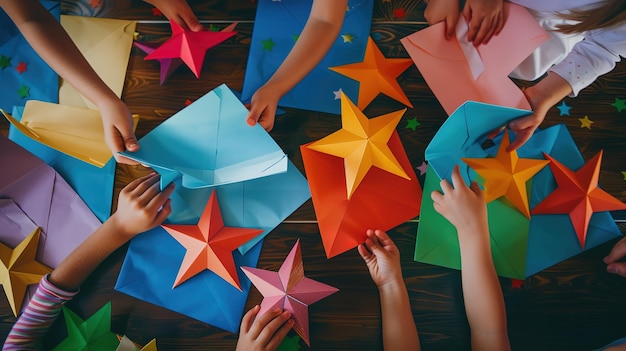 Photo a group of children holding up paper and one of them has a star on it