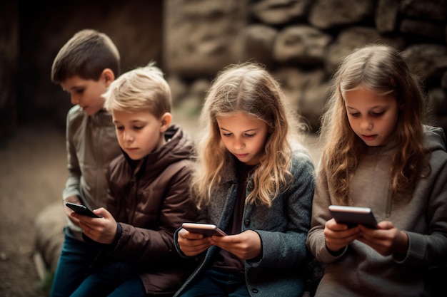 A group of children is enthusiastically playing with a smartphone Addiction to smartphones in child