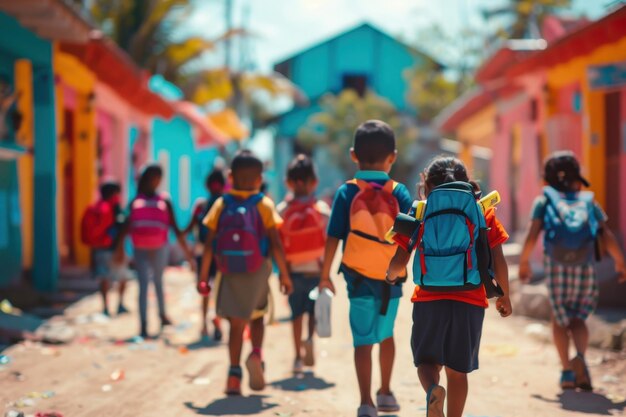 A group of children joyfully walking towards a brightly colored school building each carrying a bac