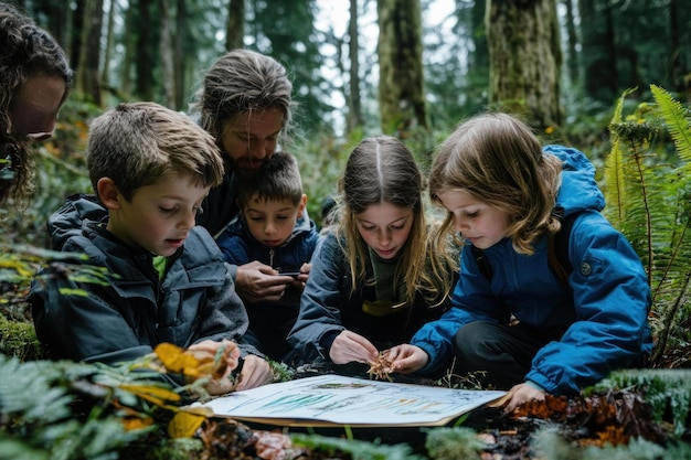 Photo a group of children looking at a map of a map