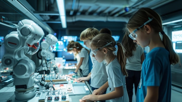 Photo a group of children looking at a robot made by a robot