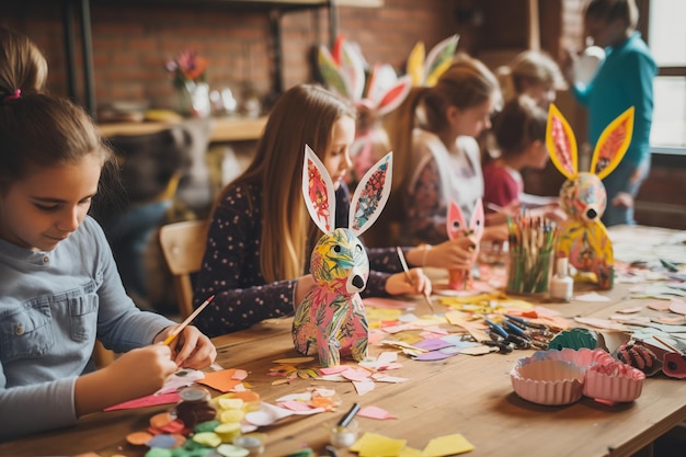 Group of children painting eggs for Easter holiday