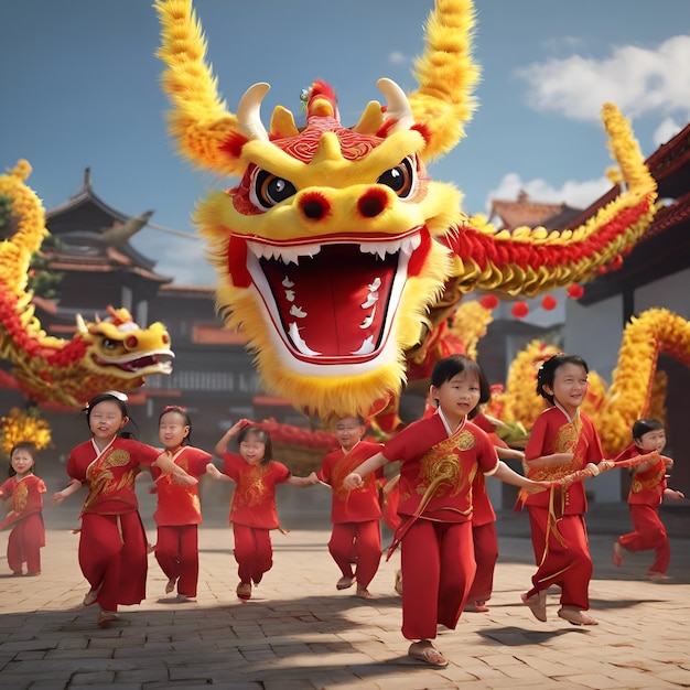 A group of children performing a traditional dragon dance bringing joy and excitement to the commu