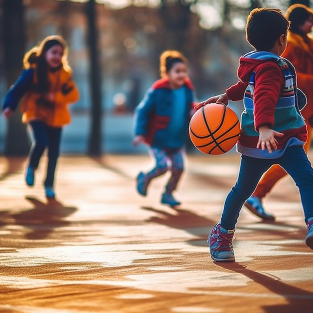 A group of children playing basketball on a court with the word basketball on the back of the jersey.