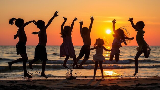 Photo group of children playing on the beach sun set evening