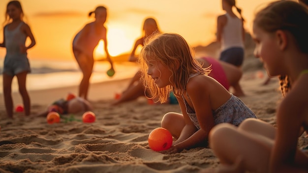 A group of children playing on the beach at sunset