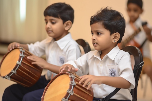 A group of children playing the drums World Music Day