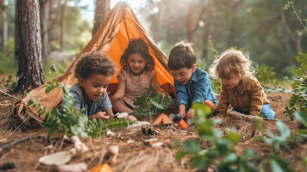 Photo group of children playing and exploring nature around a tent in a forest enjoying outdoor camping activities