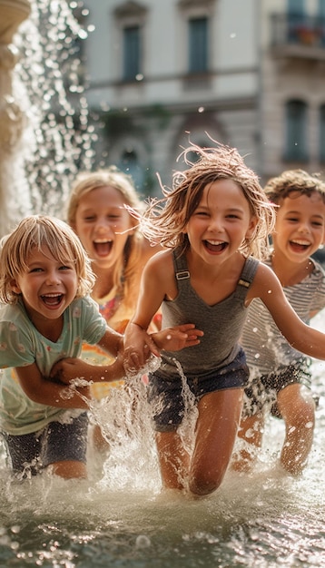 A group of children playing in a fountain on a hot summer day laughing and splashing each other AI Generated Image