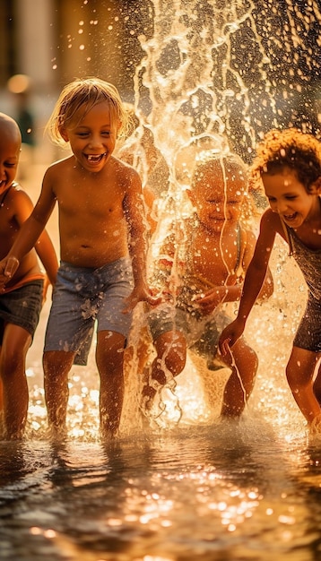 A group of children playing in a fountain on a hot summer day laughing and splashing each other AI Generated Image