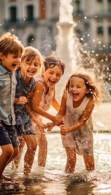 A group of children playing in a fountain on a hot summer day