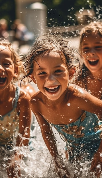 A group of children playing in a fountain on a hot summer day