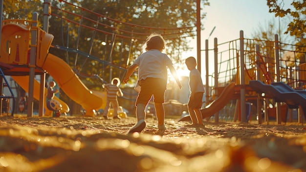 a group of children playing in a playground with a fence in the background