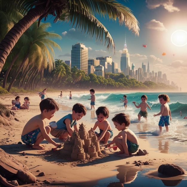 a group of children playing in the sand with a beach scene in the background