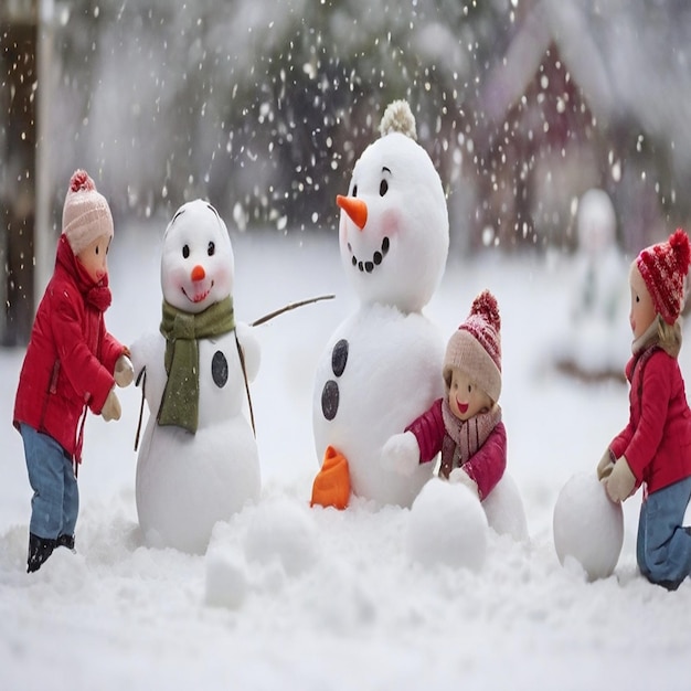 a group of children playing in the snow with a snowman