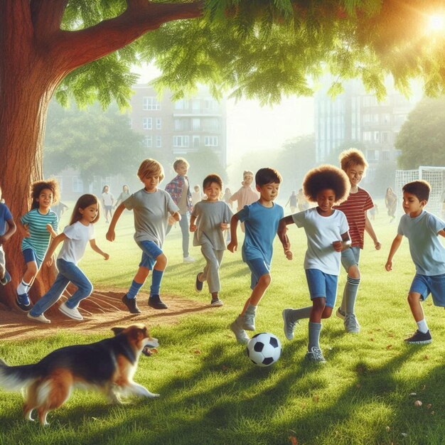 a group of children playing soccer with a dog and a dog