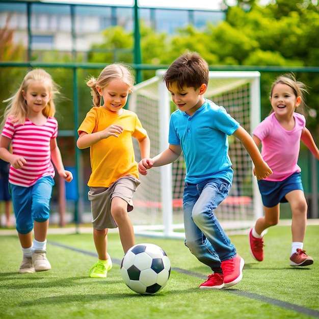 a group of children playing soccer with one of them wearing a yellow shirt