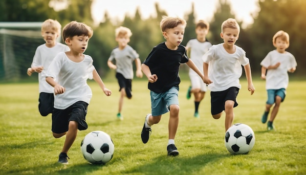 a group of children playing soccer with one wearing a black shirt and the other with the number 5 on the back