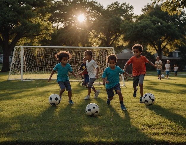 a group of children playing soccer with a soccer ball