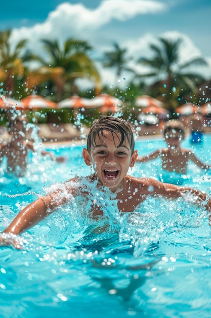 A group of children playing and splashing in the expansive resort pool