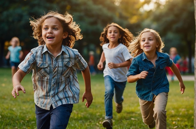 Group of children playing tag in a park