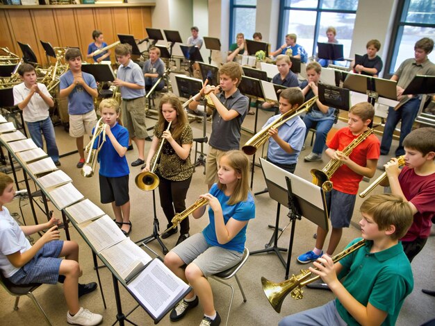 Photo a group of children playing a trombone in a classroom with a group of children