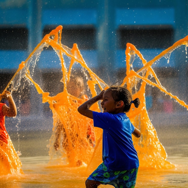 A group of children playing in a water park with orange sprays on them.