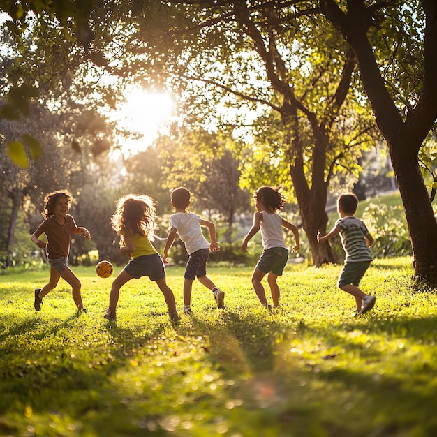 Photo a group of children playing with a ball in the grass