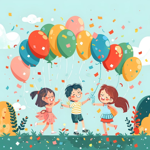 A group of children playing with balloons and confetti