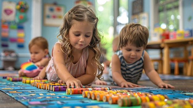 Photo a group of children playing with blocks and toys on a carpet