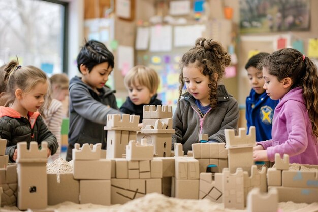 Photo a group of children playing with a building made of sand