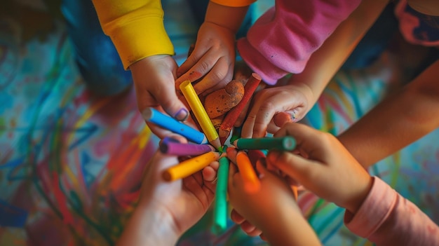 Photo a group of children playing with pencils and markers