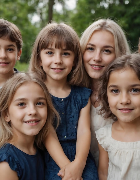 Photo a group of children pose for a photo with one of them wearing a blue dress