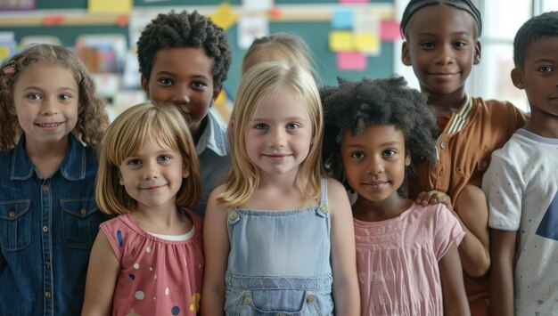 Photo a group of children posing for a photo with a picture of a girl with a blue dress