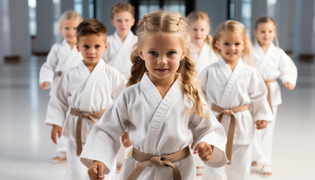 Group of children practicing taekwondo in sports uniforms smiling happily generated by AI