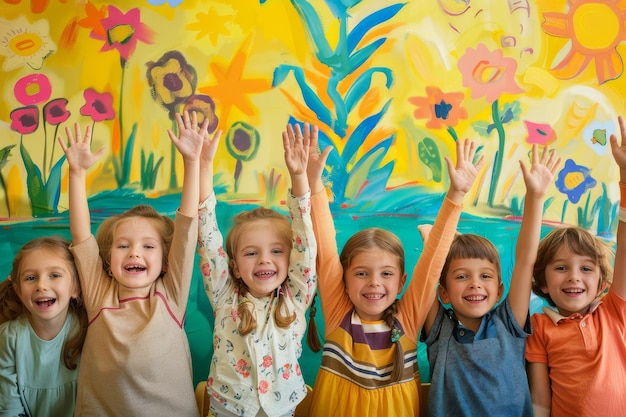 A group of children raising their hands to answer during an engaging and educational lesson in a bright and cheerful classroom with a clear copy space on the wall