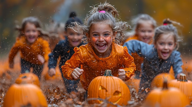 Photo a group of children run through a field of pumpkins laughing and having fun during a fall festival