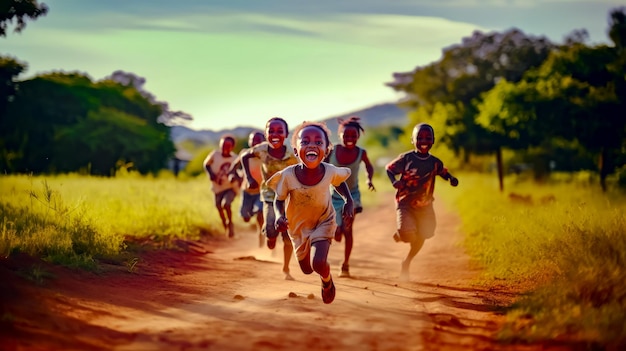 Group of children running down dirt road in field of grass