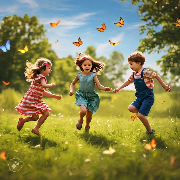 a group of children running in a field with butterflies flying around them