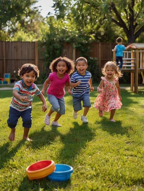 a group of children running in the grass with a toy in their hands