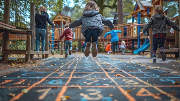 Photo group of children running joyfully in a vibrant school playground